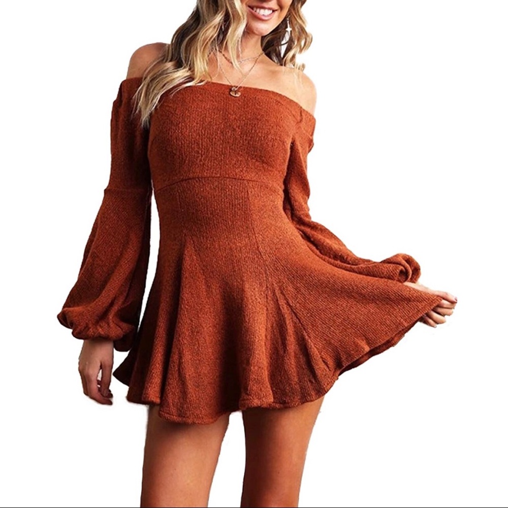 Sexy Off Shoulder Loose Long Sleeve Swing Dress - Picture 2 of 3